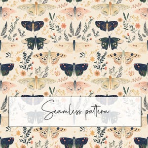 Beige und schwarze Motte Musterdesign, neutrale Motten-Wiederholungsmuster, wunderliche Blumenmotte, druckbare Karte, digitales Papier, digitaler Download