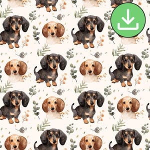 Watercolor Sausage Dog Seamless Pattern, Botanical Boho Cute Dog Repeat Pattern, Wallpaper, Printable, Digital Download