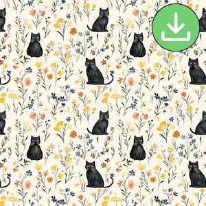 Floral Black Cat Seamless Pattern, Watercolor Cute Cat With Colorful Flowers Repeat Pattern, Kitty, Tile, Digital Paper, Digital Download