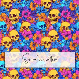 May include: A seamless pattern featuring colorful flowers and skulls. The skulls are yellow with black eyes and a white background. The flowers are pink, blue, and orange.