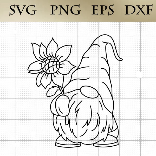 Garden Gnome Drawing Sunflower SVG png eps dxf Outline Cut File Vector Art, Clip Art Cuttable Cricut Digital Design