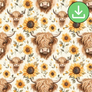 Sunflower Highland Cow Seamless Pattern, Cute Watercolor Cow Yellow Flowers Repeat Pattern, Summer, Digital Paper, Journal, Digital Download