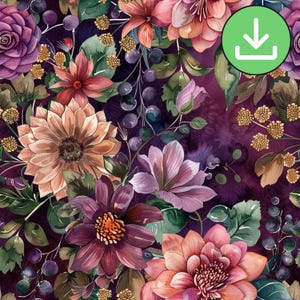 Vintage Style Fall Flowers And Grapes Seamless Pattern, Autumn Floral Repeat Pattern, Tile, Plum Green, Digital Paper, Digital Download