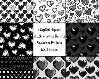 Black And White Hearts Seamless Pattern, Monochrome Repeat Pattern, Background, Scrapbooking, Digital Paper, Paper Pack, Digital Download