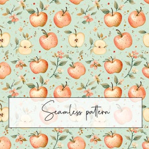 Puede incluir: Un patrón sin costuras con manzanas rojas con hojas verdes y flores blancas sobre un fondo azul claro. El patrón es perfecto para telas, papel tapiz o papel de regalo.