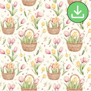 Tulips in Baskets Seamless Pattern, Pastel Spring Flowers Pink Yellow Repeat Tile, Bloom, Card, Sublimation, Digital Paper, Digital Download