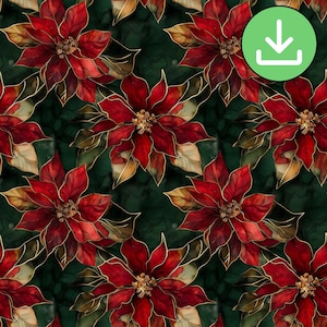 Alcohol Ink Poinsettia Seamless Pattern, Christmas Red Floral Repeat Pattern Tile, Green Background, Printable, * Digital Download *