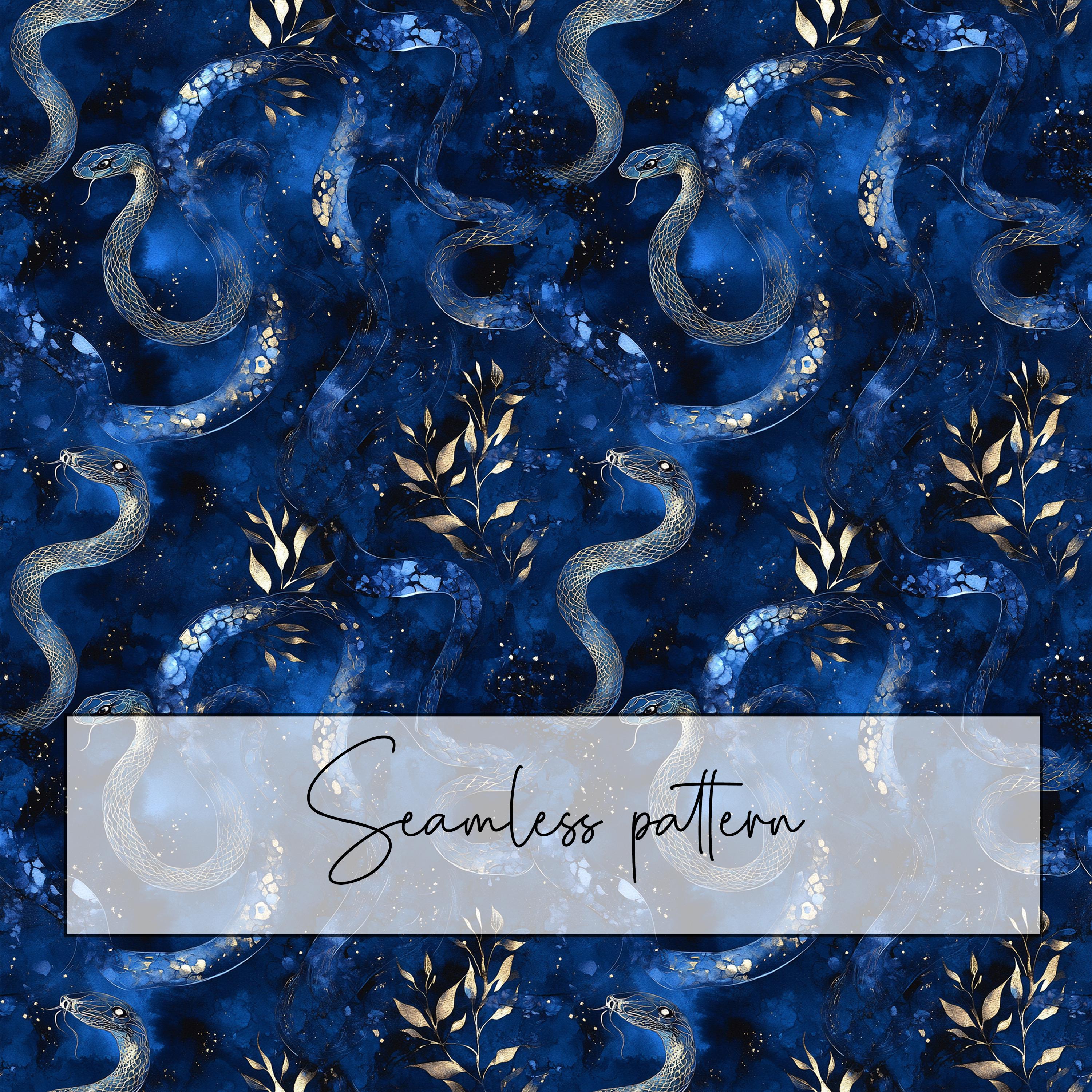 Dark Blue Snake Seamless Pattern, Mystic Celestial Snake Bright Blue Repeat Pattern, Sublimation, Wallpaper, Digital Paper, Digital Download