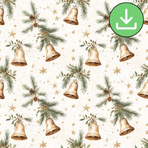 Modèle sans couture de cloche de Noël, Jingle Bells et tuile de motif de répétition festive de pin, imprimable, téléchargement numérique