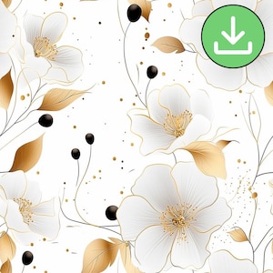 White And Gold Floral Seamless Pattern, Elegant Modern Flowers Repeat Pattern Tile, Printable Card, Digital Paper, Journal, Digital Download