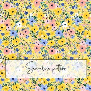 Peut inclure: Motif floral sans couture sur fond jaune, orné de fleurs roses, bleues, blanches et jaunes. Le texte « motif sans couture » est affiché dans un rectangle en bas de l'image.