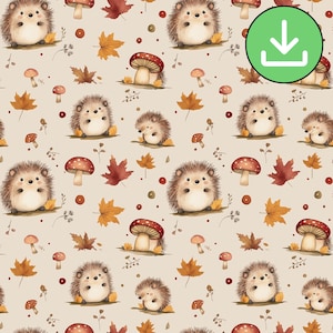 Aquarell Igel und Pilze Musterdesign, niedlichen Herbst Blätter fallen, wiederholen Sie die Fliese, bedruckbar, Sublimation, digitaler Download