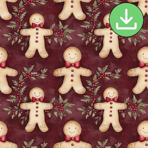 Gingerbread Man Burgundy Seamless Pattern, Watercolor Christmas Cookie Repeat Tile, Digital Download