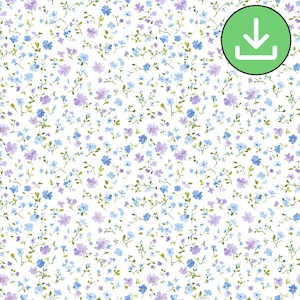 Petites petites fleurs violettes et bleues transparentes, fond blanc, motif répétitif, Style romantique, papier numérique, téléchargement numérique