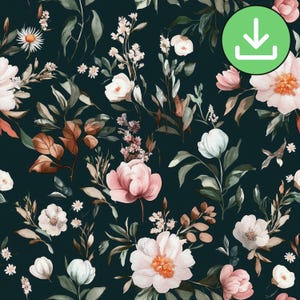 Dark Floral Seamless Pattern With Pink And White Flowers, Black Background Repeat Pattern Tile, Blossom, Digital Paper, Digital Download