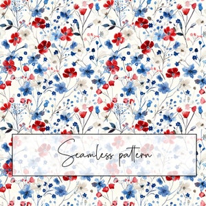 Blauw rood witte bloemen naadloos patroon, ditsy bloemen herhalingspatroon, Amerikaanse kleuren, afdrukbare kaart, sublimatie, digitale download