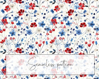 Blue Red White Flowers Seamless Pattern, Ditsy Floral Repeat Pattern, American colors, Printable Card, Sublimation, Digital Download
