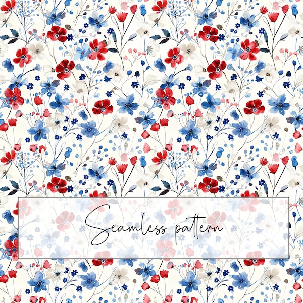 Blue Red White Flowers Seamless Pattern, Ditsy Floral Repeat Pattern, American colors, Printable Card, Sublimation, Digital Download