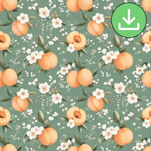 Patrón sin costuras de melocotón, patrón repetido de flor de melocotón, fondo verde, tarjeta imprimible, sublimación, papel digital, descarga digital