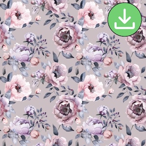 Aquarell Pfingstrose Florales nahtloses Muster, staubige lila Blume Rapport (Digitaler Download)