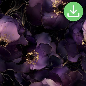 Motivo floreale viola scuro con inchiostro alcolico senza soluzione di continuità, motivo floreale ripetuto viola nero oro, carta stampabile, carta digitale, download digitale