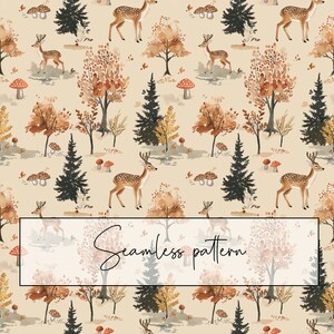 May include: A seamless pattern featuring watercolour illustrations of deer, trees, and mushrooms in shades of brown, orange, and green on a cream background. The text "Seamless pattern" is written in white on a white rectangle.