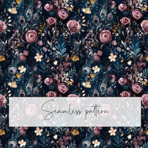 May include: Seamless pattern featuring pink roses, peacock feathers, and gold accents on a dark blue background.