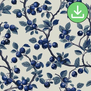 Blueberry Botanical Seamless Pattern, Vintage Style Repeating Tile (Digital Download)