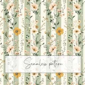 May include: Seamless floral pattern with vertical stripes in cream and sage green. The design features a repeating pattern of flowers in shades of peach, yellow, and white, with delicate green foliage. The text "Seamless pattern" is displayed in a white rectangle.