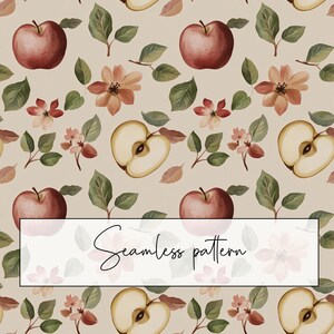 May include: A seamless pattern with watercolour illustrations of red apples, apple slices, flowers, and green leaves on a beige background. The text "Seamless pattern" is displayed in a white rectangle.