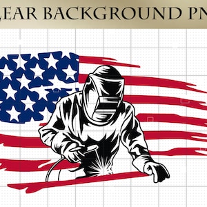 American Welder PNG, sfondo trasparente, arte vettoriale, download del design digitale del saldatore dietro la bandiera americana