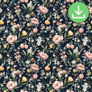 Motif floral sans couture foncé, rose jaune blanc diverses fleurs sur fond noir, carreaux de motif répétitif, pivoine, papier numérique, téléchargement numérique