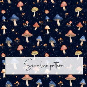 Colorful Mushroom Seamless Pattern, Dark Background, Stars, Mystical, Witchy, Repeat Pattern, Printable, Fairycore, Digital Download