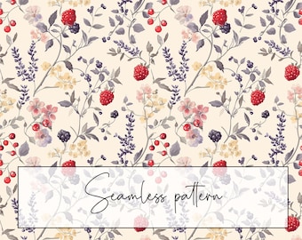 Vintage Berry Seamless Pattern, Floral Repeat Tile (Digital Download)