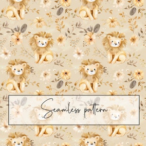 Watercolor Cute Baby Lion Pattern, Beige Flowers Floral Lion Repeat Pattern, Paper, Fabric Pattern, Wallpaper, Sublimation, Digital Download
