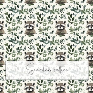 Aquarell Waschbär mit grünen botanischen Blättern Nahtloses Muster, Wiederholungsmuster, Sublimation, Tapete, digitales Papier, digitaler Download