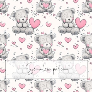 May include: A seamless pattern featuring cute gray teddy bears holding pink hearts. The background is white with small pink hearts and flowers.
