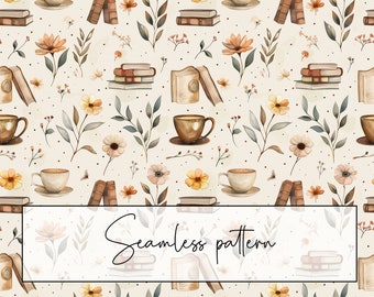Books And Coffee Floral Seamless Pattern, Neutral Beige Background Bookish Repeat Pattern, Flowers, Textile Design, Digital Download