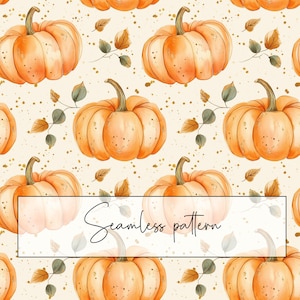 Orange Pumpkin With Gold Details Seamless Pattern, Leaves Fall Autumn Repeat Pattern Tile, Beige Background, Printable, Digital Download