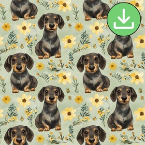 Watercolor Sausage Dog Pattern, Cute Dog Repeat Pattern Tile, Sage Green Background With Yellow Flowers, Printable, Digital Download