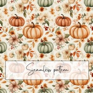 Könnte beinhalten: Ein nahtloses Muster mit Aquarellkürbissen in Orange, Grün und Beige, durchsetzt mit floralen und Blattelementen. Der Text "Seamless pattern" wird in einem rechteckigen Rahmen angezeigt.