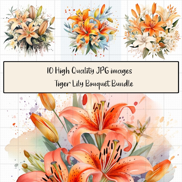 Watercolour Tiger Lily Bouquet, Bundle of 10 JPG Images, Journaling, Paper Craft, Scrapbooking, Digital Download