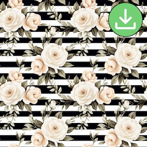 Rose blanche et rayures noires, motif floral élégant et moderne aquarelle, tissu, textile, papier peint, téléchargement numérique