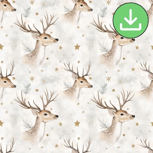 Patrón sin costuras de ciervos festivos, renos invernales en acuarela, estampado repetitivo, Navidad blanca, imprimible, papel digital, descarga digital