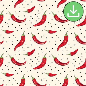 Röd chilipeppar sömlöst mönster, kryddig varm mat retro upprepa kakel (digital nedladdning)