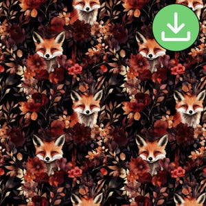 Dark Fox Seamless Pattern, Dark Floral Fox Repeat Pattern Tile, Rich Moody, Burgundy, Autumn, Fall, Foliage, Digital Paper, Digital Download