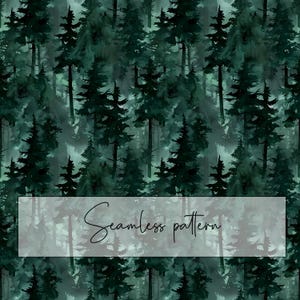 Modello senza cuciture di alberi della foresta verde scuro ad acquerello, motivo ripetuto di silhouette di alberi, design tessile in tessuto, biglietto stampabile, download digitale