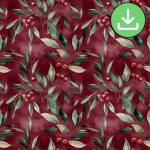 Dark Red Berries Seamless Pattern, Burgundy Green Christmas Repeat Tile (Digital Download)