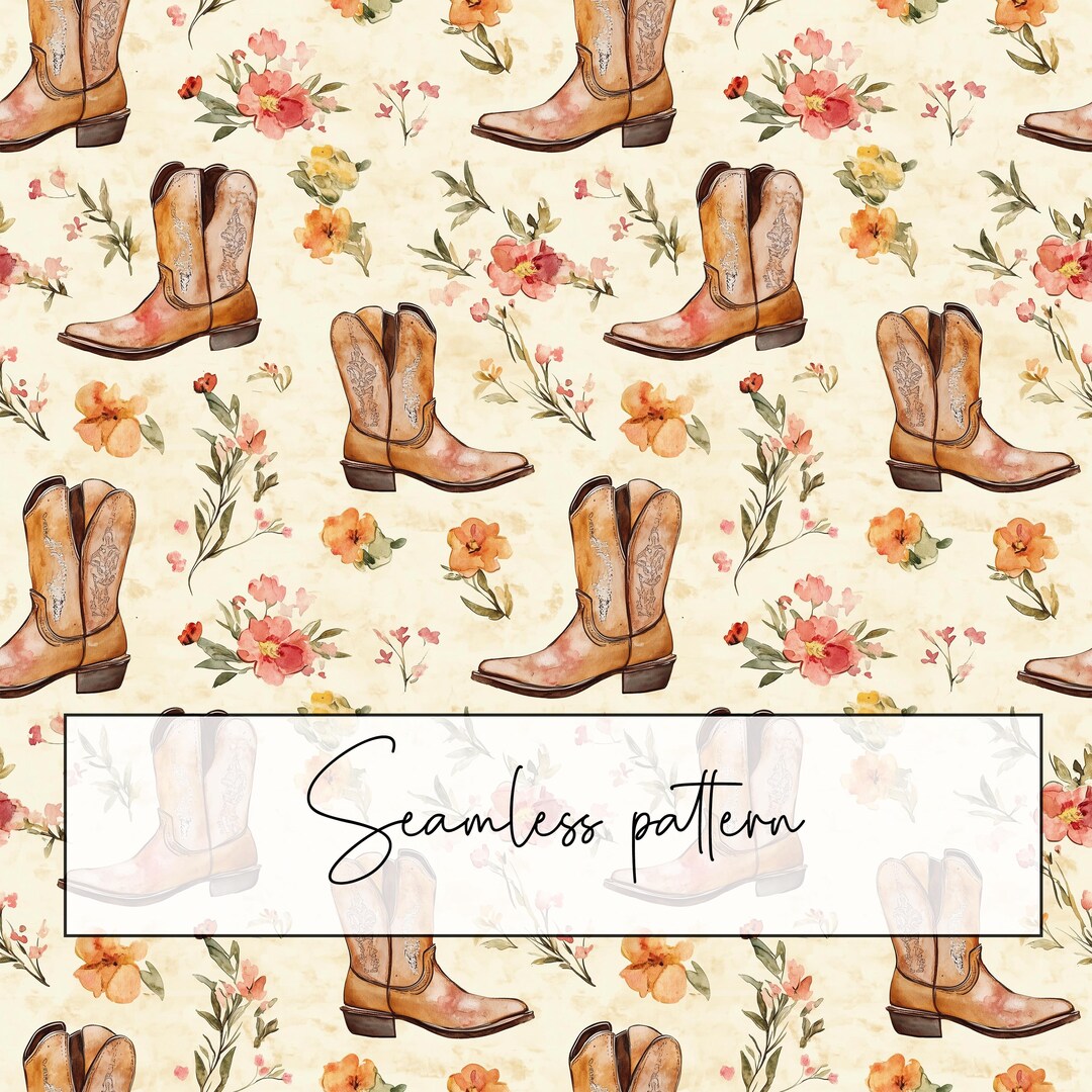 Cowgirl Cowboy Brown Leather Boots Seamless Pattern, Beige Floral ...