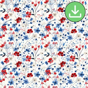 Blue Red White Flowers Seamless Pattern, Ditsy Floral Repeat Pattern, American colors, Printable Card, Sublimation, Digital Download